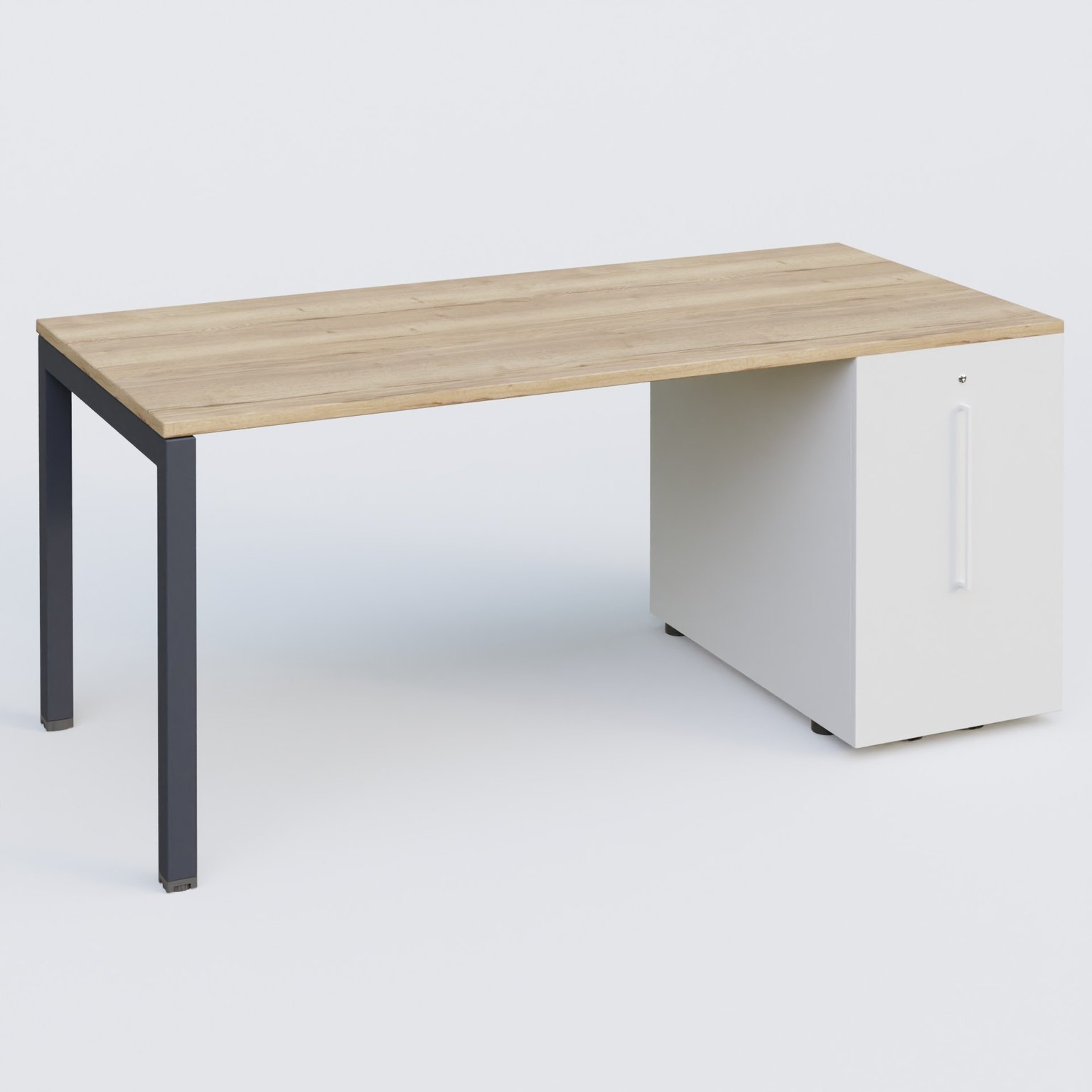 K3 Plateau droit 180x80 avec tour de rangement sous le plateau à droite. Plateau Chêne naturel et pietement Anthracite