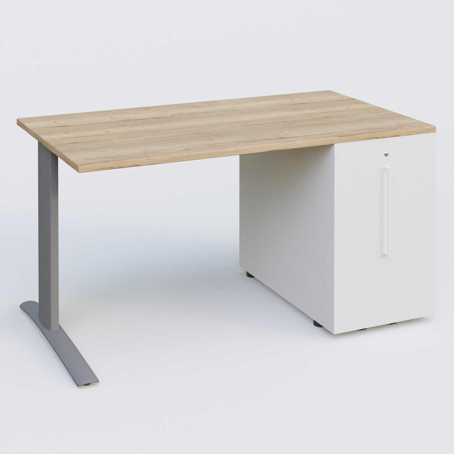 K1 Plateau droit 140x80 avec tour de rangement sous plateau à droite. Plateau Chêne naturel et pietement Aluminium