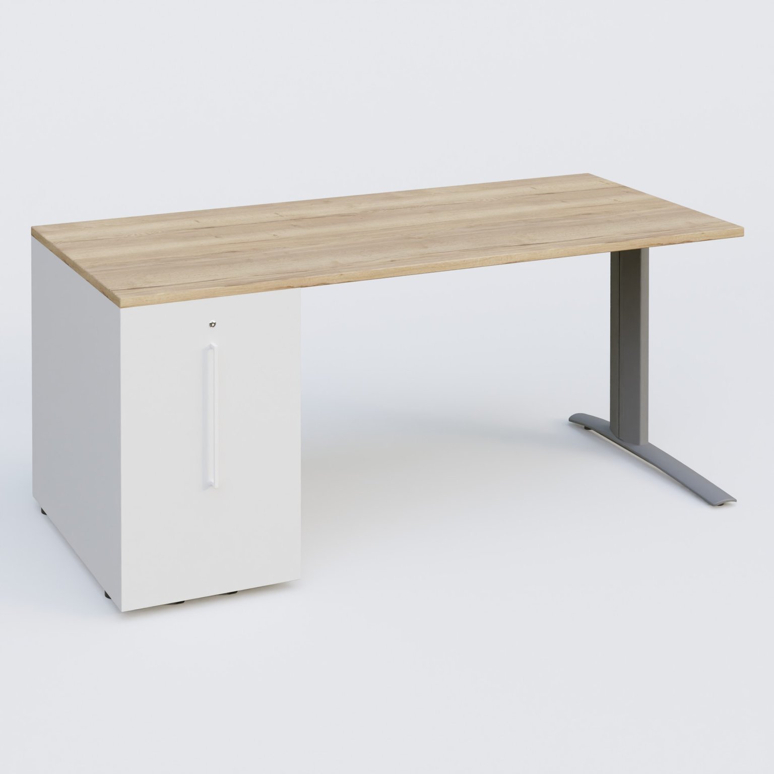 K1 Plateau droit 180x80 avec tour de rangement sous plateau à gauche. Plateau Chêne naturel et pietement Aluminium