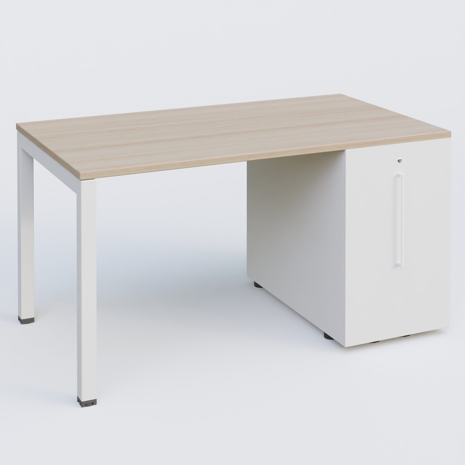 K3 Plateau droit 140x80 avec tour de rangement sous le plateau à droite. Plateau Acacia et pietement Blanc