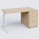 K1 Plateau droit 140x80 avec caisson porteur sous plateau mélamine à droite. Plateau Hêtre et pietement Blanc
