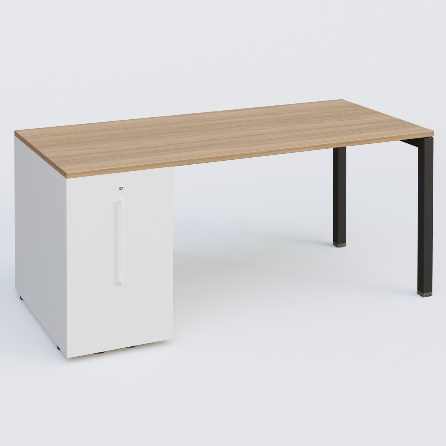K3 Plateau droit 180x80 avec tour de rangement sous le plateau à gauche. Plateau Noyer et pietement Noir Mat