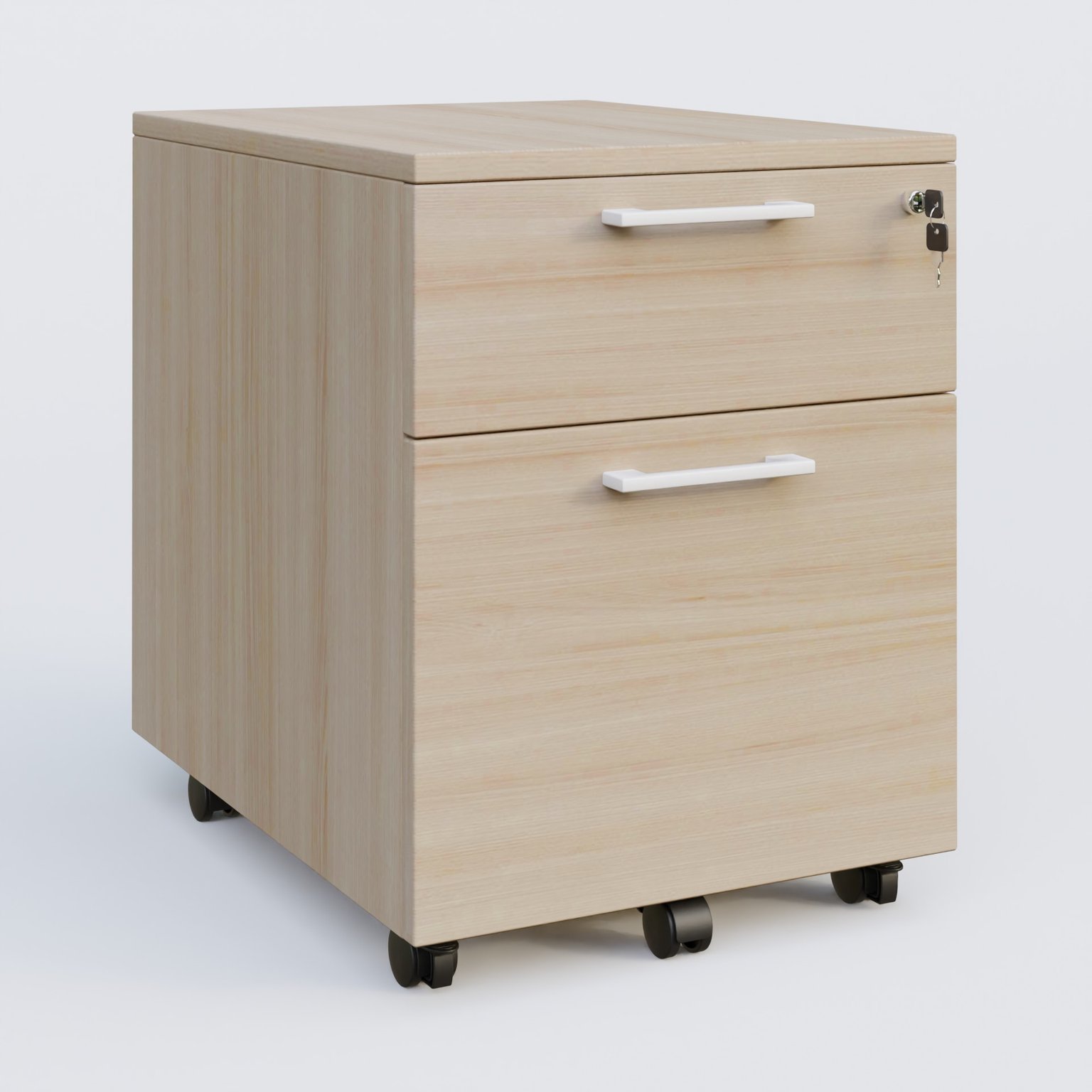Caisson mobile mélamine 2 tiroirs, hauteur 55 cm. Caisson Acacia et poignets Blanc.