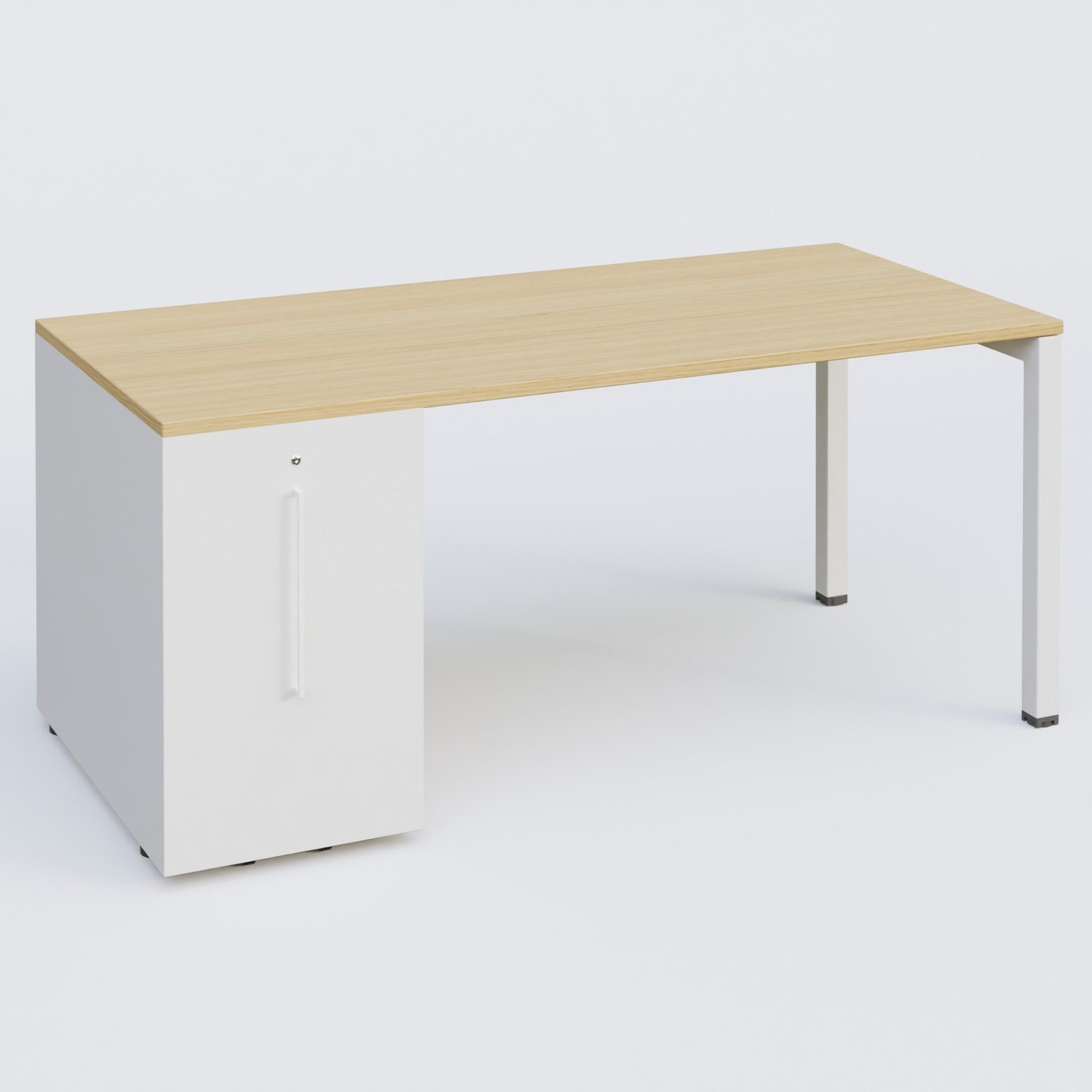 K3 Plateau droit 180x80 avec tour de rangement sous le plateau à gauche. Plateau Chêne clair et pietement Blanc