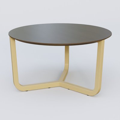 [Pas de famille] - [Pas de sous famille] - Table Basse Fashion Styl piètement tryptique en métal et plateau bois. Plateau Chêne Moka et pietement Jaune Cuivre (RAL 1002).