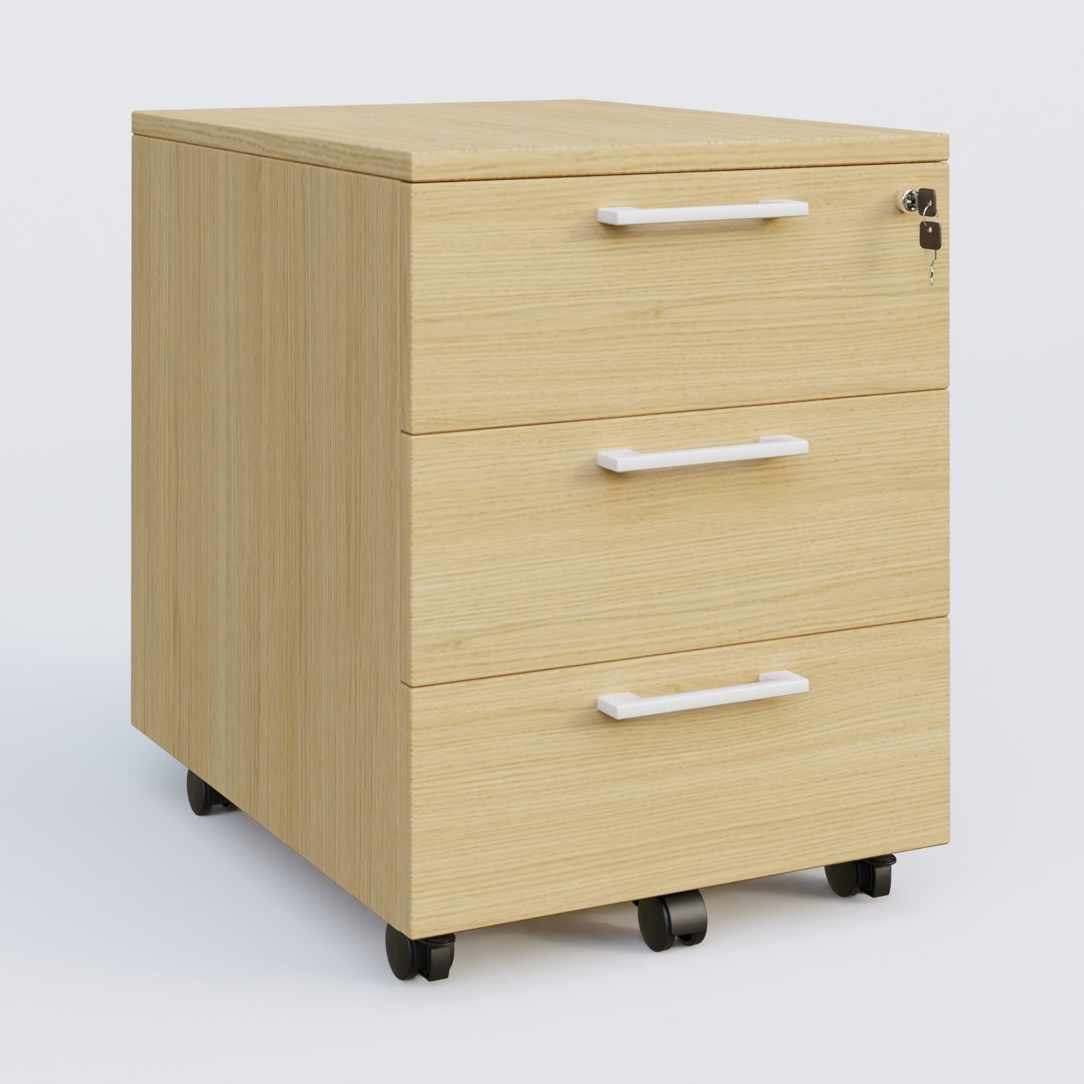 Caisson mobile mélamine 3 tiroirs, hauteur 55 cm. Caisson Chêne clair et poignets Blanc.