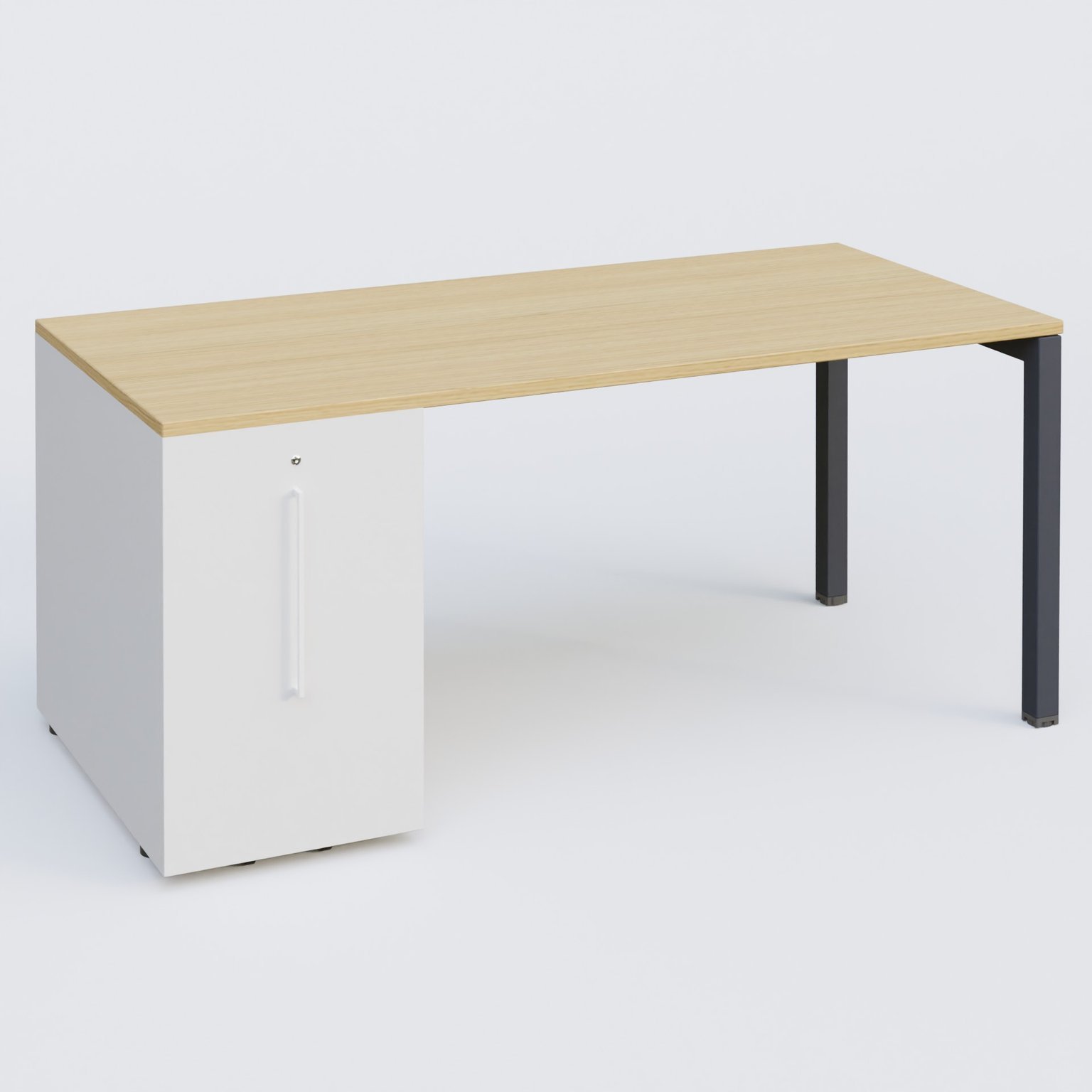 K3 Plateau droit 180x80 avec tour de rangement sous le plateau à gauche. Plateau Chêne clair et pietement Anthracite