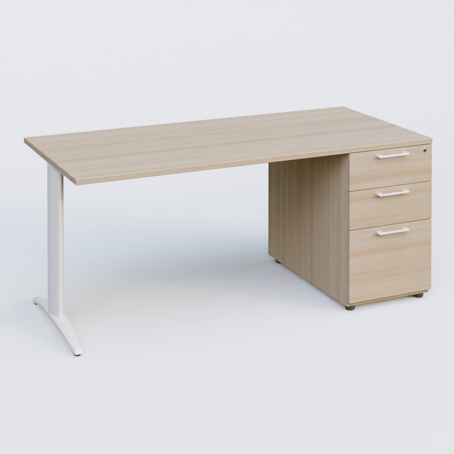 K2 Plateau droit 180x80 avec caisson porteur mélamine sous le plateau. Plateau , caisson Acacia et pietement Blanc