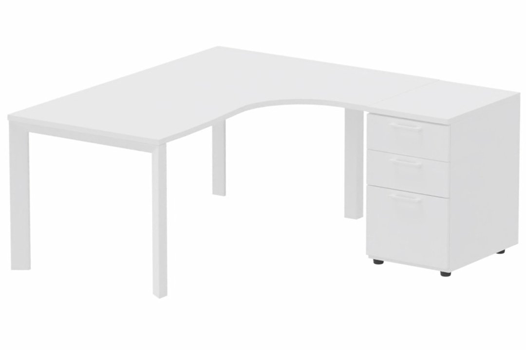 Plan Compact 90° asymétrique 180x162x80/60cm retour à droite avec caisson HB bois 3 tiroirs blanc/blanc - sur délai