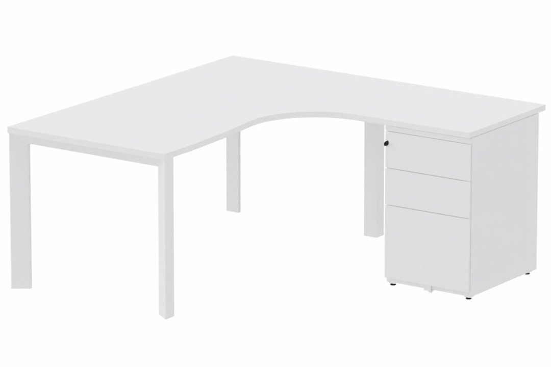 Plan Compact 90° asymétrique 180x162x80/60cm retour à droite avec caisson HB métal 3 tiroirs blanc/blanc - sur délai