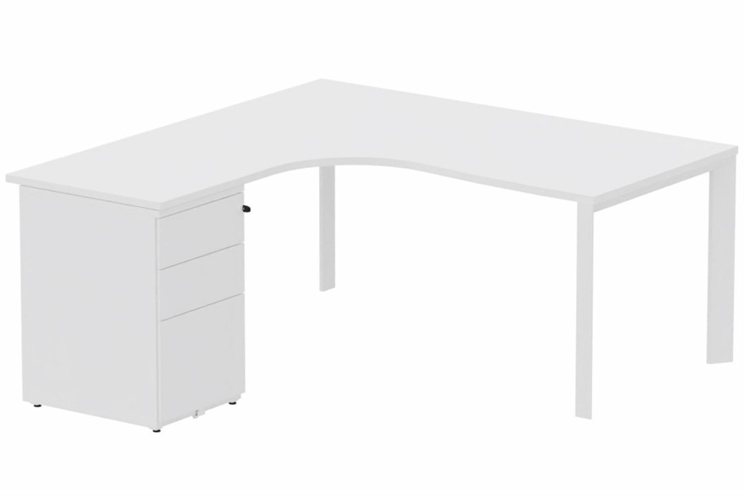 Plan Compact 90° asymétrique 180x162x80/60cm retour à gauche avec caisson HB métal 3 tiroirs blanc/blanc - sur délai