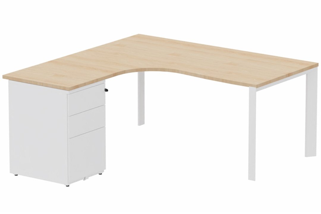 Plan Compact 90° asymétrique 180x162x80/60cm retour à gauche avec caisson HB métal 3 tiroirs hêtre/blanc