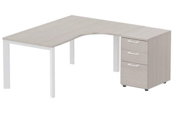 Gamme K7 - Plans compacts - Plan Compact 90° asymétrique 180x162x80/60cm retour à droite avec caisson HB bois 3 tiroirs, plateau acacia, structure blanc