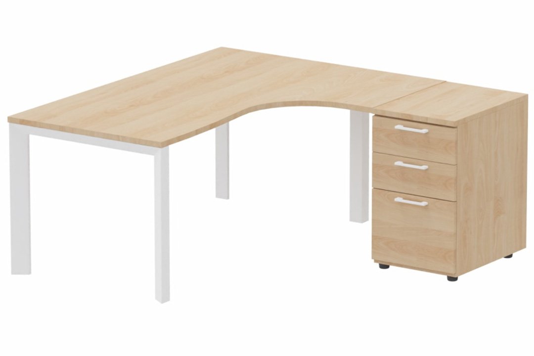 Plan Compact 90° asymétrique 180x162x80/60cm retour à droite avec caisson HB bois 3 tiroirs hêtre/blanc