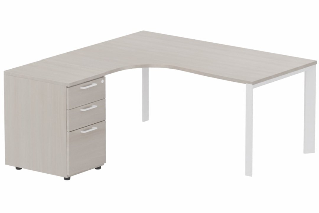 Plan Compact 90° asymétrique 180x162x80/60cm retour à gauche avec caisson HB bois 3 tiroirs, plateau acacia, structure blanc
