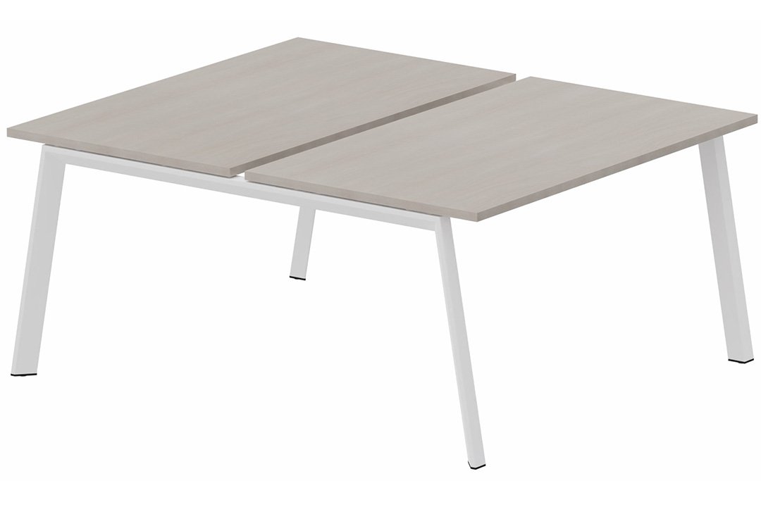 Bench départ 2 plateaux fixes 140 x 80 cm encombrement 140x165cm, plateau acacia, structure blanc