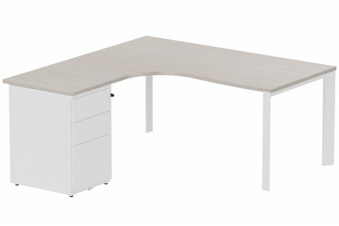Plan Compact 90° asymétrique 180x162x80/60cm retour à gauche avec caisson HB métal 3 tiroirs, acacia/blanc
