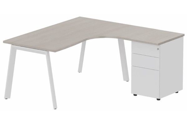 Gamme K8 - Plans compacts - Plan compact 90° asymétrique avec caisson HB métal 160 x 162 x 80 / 60 cm, 3 tiroirs, plateau acacia, structure blanc