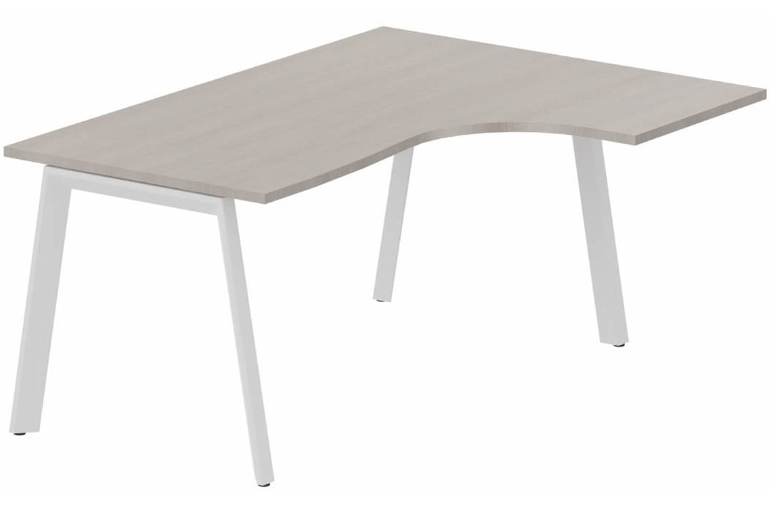 Plan compact 90° asymétrique 160 x 120 x 80 / 60 cm, plateau acacia, structure blanc