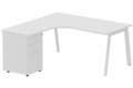 Plan compact 90° asymétrique avec caisson HB métal 160 x 162 x 80 / 60 cm, 3 tiroirs, plateau blanc, structure blanc