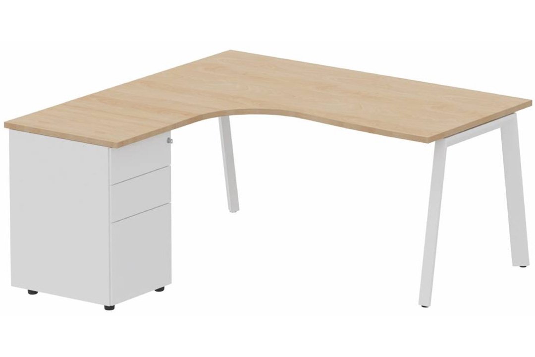 K8 Compact 90° asymétrique avec caisson HB métal 160 x 162 x 80 / 60 cm, 3 tiroirs, plateau hêtre, structure blanc