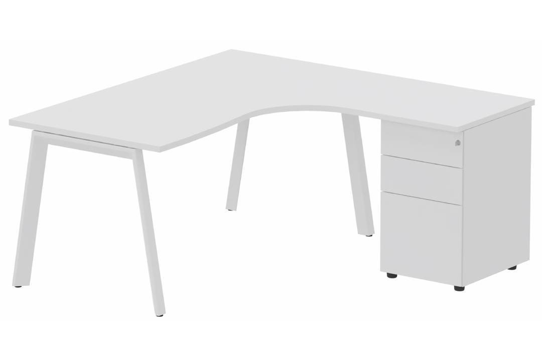 Plan compact 90° asymétrique avec caisson HB métal 160 x 162 x 80 / 60 cm, 3 tiroirs, plateau blanc, structure blanc