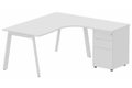 Plan compact 90° asymétrique avec caisson HB métal 160 x 162 x 80 / 60 cm, 3 tiroirs, plateau blanc, structure blanc