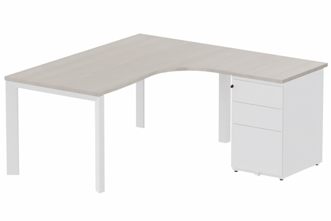 Plan Compact 90° asymétrique 180x162x80/60cm retour à droite avec caisson HB métal 3 tiroirs, acacia/blanc