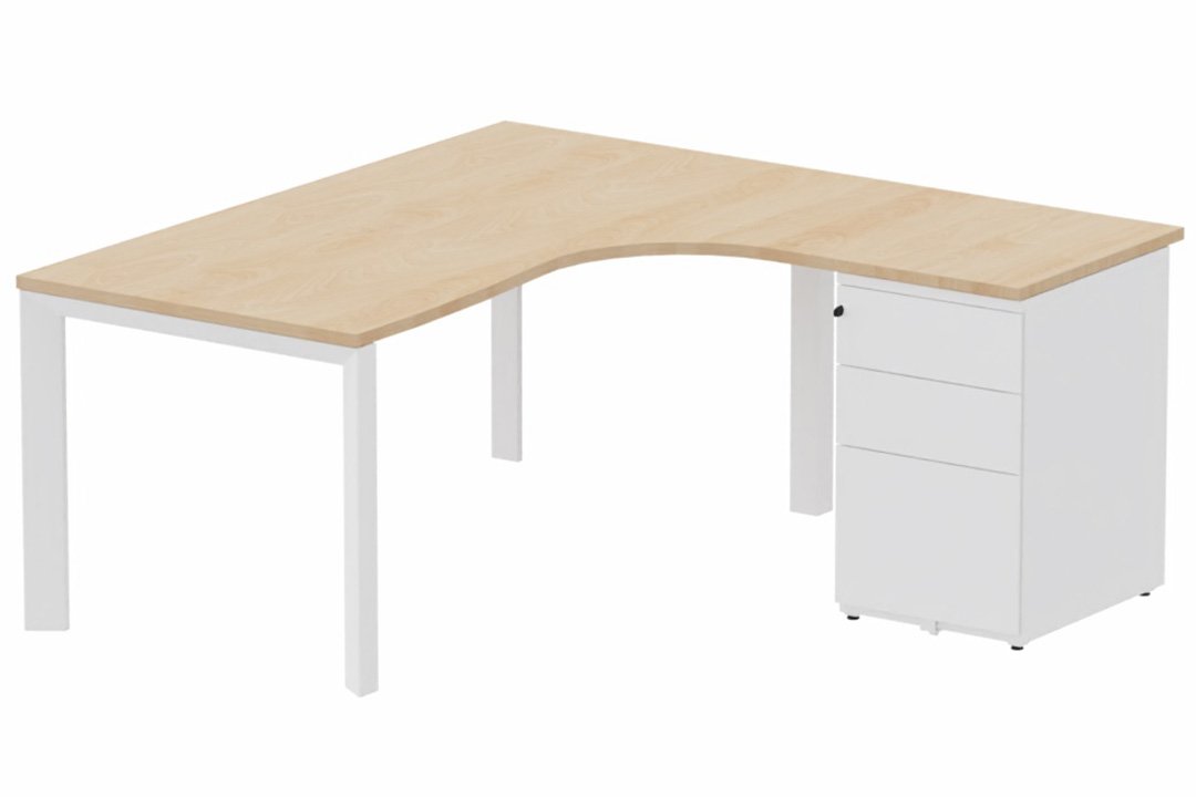 Plan Compact 90° asymétrique 180x162x80/60cm retour à droite avec caisson HB métal 3 tiroirs hêtre/blanc