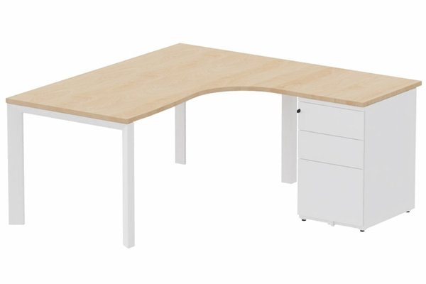 Gamme K7 - Plans compacts - Plan Compact 90° asymétrique 180x162x80/60cm retour à droite avec caisson HB métal 3 tiroirs hêtre/blanc