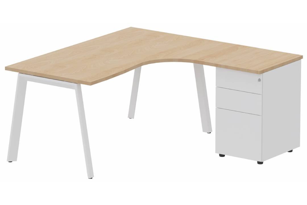 Plan compact 90° asymétrique avec caisson HB métal 160 x 162 x 80 / 60 cm, 3 tiroirs, plateau hêtre, structure blanc