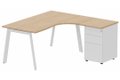 Plan compact 90° asymétrique avec caisson HB métal 160 x 162 x 80 / 60 cm, 3 tiroirs, plateau hêtre, structure blanc