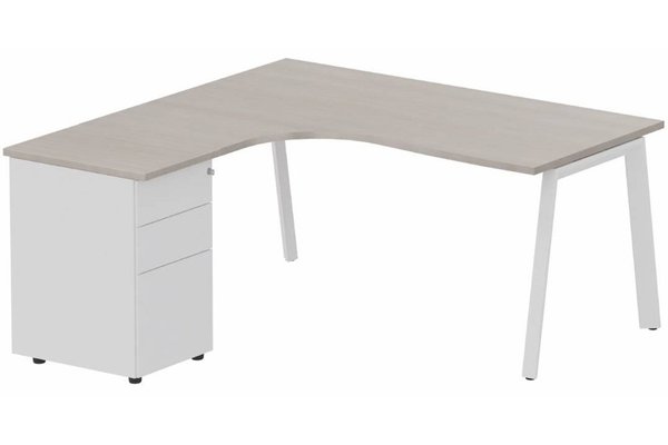 Gamme K8 - Plans compacts - Plan compact 90° asymétrique avec caisson HB métal 160 x 162 x 80 / 60 cm, 3 tiroirs, plateau acacia, structure blanc