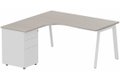 Plan compact 90° asymétrique avec caisson HB métal 160 x 162 x 80 / 60 cm, 3 tiroirs, plateau acacia, structure blanc