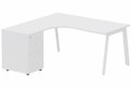 Plan compact 90° asymétrique avec caisson HB bois 160 x 162 x 80 / 60 cm, 3 tiroirs, plateau blanc, structure blanc