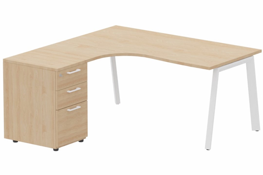 Plan compact 90° asymétrique avec caisson HB bois 180 x 162 x 80 / 60 cm, 3 tiroirs, plateau hêtre, structure blanc