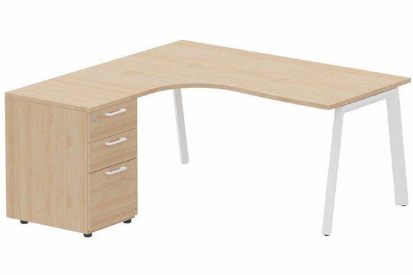 Gamme K8 - Plans compacts - Plan compact 90° asymétrique avec caisson HB bois 160 x 162 x 80 / 60 cm, 3 tiroirs, plateau hêtre, structure blanc