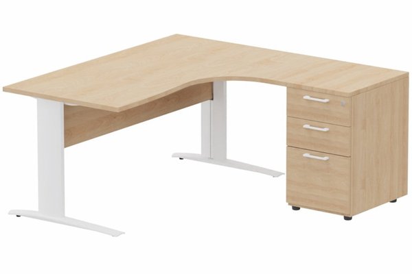Gamme K1 - Plans compacts - K1 VDF BOIS Compact 90° asymétrique 180x162x80/60cm retour à droite avec caisson HB bois 3 tiroirs hêtre/blanc