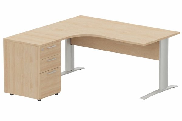 Gamme K1 - Plans compacts - K1 VDF BOIS Compact 90° asymétrique 160x162x80/60cm retour à gauche avec caisson HB bois 3 tiroirs hêtre/aluminium