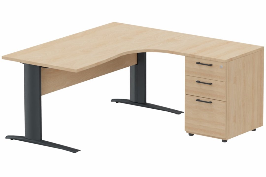 K1 VDF BOIS Compact 90° asymétrique 180x162x80/60cm retour à droite avec caisson HB bois 3 tiroirs hêtre/anthracite