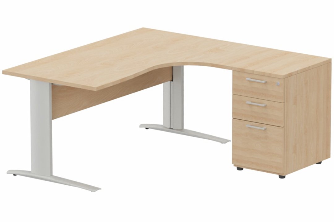 K1 VDF BOIS Compact 90° asymétrique 160x162x80/60cm retour à droite avec caisson HB bois 3 tiroirs hêtre/aluminium