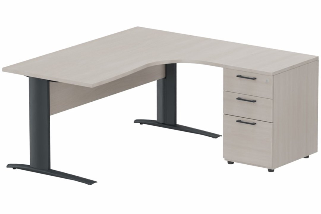 K1 VDF BOIS Compact 90° asymétrique 160x162x80/60cm retour à droite avec caisson HB bois 3 tiroirs, plateau acacia, structure