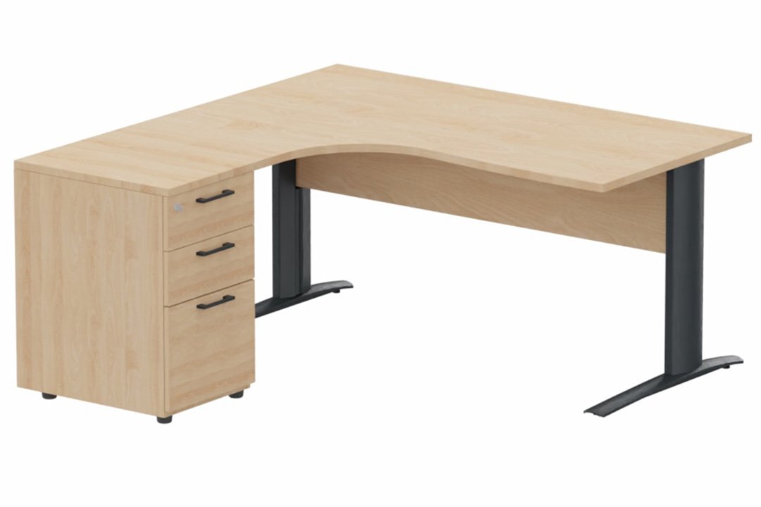 K1 VDF BOIS Compact 90° asymétrique 180x162x80/60cm retour à gauche avec caisson HB bois 3 tiroirs hêtre/anthracite