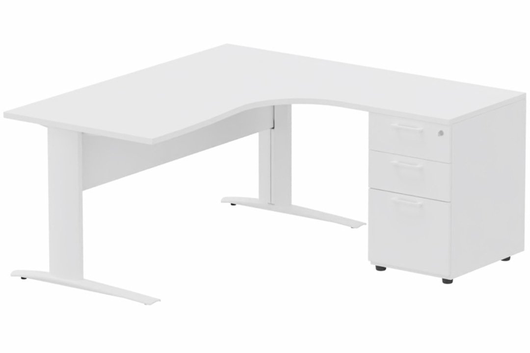 K1 VDF BOIS Compact 90° asymétrique 160x162x80/60cm retour à droite avec caisson HB bois 3 tiroirs blanc/blanc - sur délai