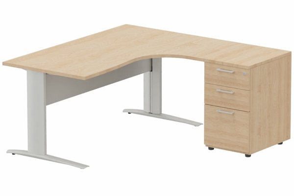 Gamme K1 - Plans compacts - K1 VDF METAL Compact 90° asymétrique 180x162x80/60cm retour à droite avec caisson HB bois 3 tiroirs hêtre/aluminium