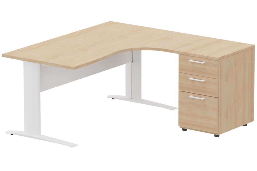 K1 VDF METAL Compact 90° asymétrique 180x162x80/60cm retour à droite avec caisson HB bois 3 tiroirs hêtre/blanc