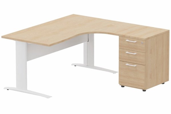 Gamme K1 - Plans compacts - K1 VDF METAL Compact 90° asymétrique 180x162x80/60cm retour à droite avec caisson HB bois 3 tiroirs hêtre/blanc