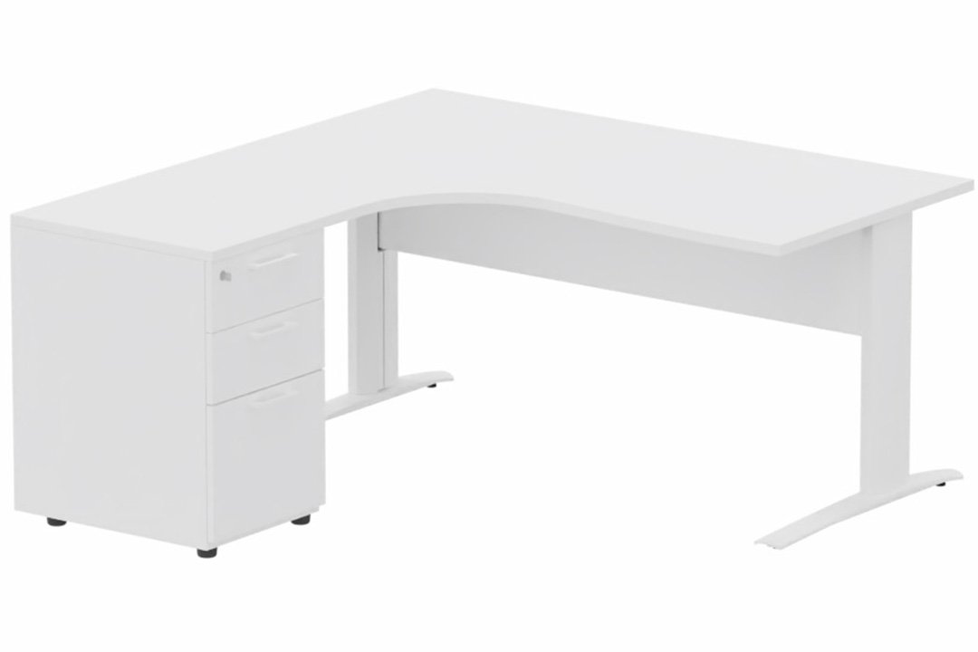 K1 VDF METAL Compact 90° asymétrique 160x162x80/60cm retour à gauche avec caisson HB bois 3 tiroirs blanc/blanc - sur délai