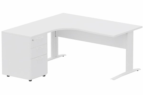Gamme K1 - Plans compacts - K1 VDF METAL Compact 90° asymétrique 180x162x80/60cm retour à gauche avec caisson HB bois 3 tiroirs blanc/blanc - sur délai