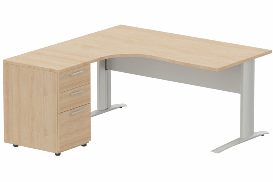 K1 VDF METAL Compact 90° asymétrique 160x162x80/60cm retour à gauche avec caisson HB bois 3 tiroirs hêtre/aluminium